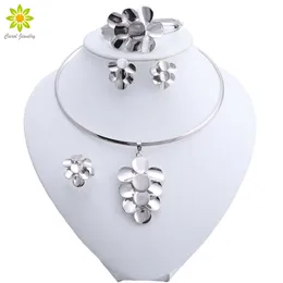 African Dubai Silver Plated Jewelry Women African Beads Set Nigerian Bridal Leaves Shape Pendant Necklace Set Wedding Accessorie H1022