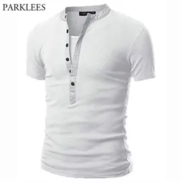 White Henley T Shirt Men Summer Mens V Neck Short Sleeve Tee Homme Casual Slim Fit Button Design T-shirts XXL 210706