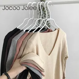 JOCOO JOLEE韓国vネックニットセーター女性ニットリブ付きプルオーバーセーター長袖スリムジャンパーソフトウォームプルフェム210619