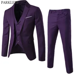 3pc Men Purple Suit (Jacket+Pants+Vest) Brand Slim Fit Elegant Suits With Pants Mens Grooming Busienss Tuxedo Suits Ternos S-6XL X0909
