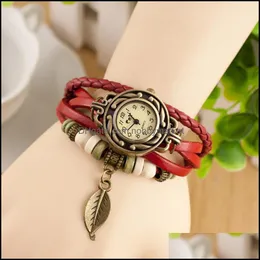 Charm Armband Smycken Mode Kvinnor Sarmband Klockor Flätat Läder MTI Layer Bronze Leaf Wrist för Dam Drunda Case Quartz Drop Deliv