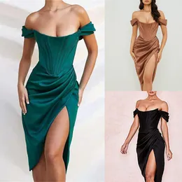 Casual Dresses Women Elegant Off Shoulder Push Up Midi Tube Dress With High Slit Cocktail Wedding Guest Birthday Club Party