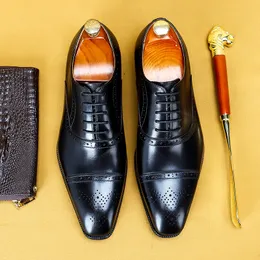 Lacing Formal Italian Design Shoes For Men Genuine Leather Wedding Business Oxford Brogue Shoes Black Pointed Toe Men Dress Shoe