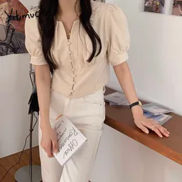 Yitimuceng Ruched Blouse Women Button Up Slim Shirts Kort Puff Sleeve Aprikos Vit Svart Sommar Koreanska Mode Toppar 210601
