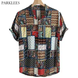 Retro Paisley Floral Impresso Mens Camisa Patchwork Estilo Étnico Flor Impressão Verão Camisas Para Homens Casuais Homens Soltos Roupas 210524