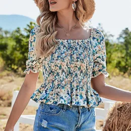 T-shirt feminina 2021 Moda de verão Casual Tops All-Match Tops Sexy Floral Print Square pesco