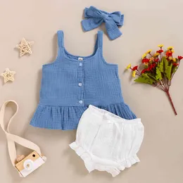 Född Casual Set Sommar Ärmlös Ribbed Jumpsuit + PP Shorts Fashion Baby Girl Clothes Sports Suit 210515