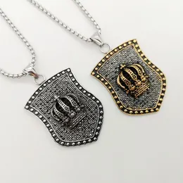 Men Stainless Steel Hip Hop Cook Punk Necklace Bling Full Crystals Vintage Crown Shield Pendant Jewelry Necklaces