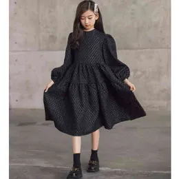 Black Girls Midi Sukienka Teen Dress Jesień Dresy 2021 Nowe dziecko Dzieci Odzież Latarnia Rękaw 6 do 16 lat Tkaniny żakardowe, # 6483 G1218