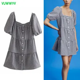 Vuwwyv klänning svart vit vintage smock plaid kvinnor sommar casual kort puff ärm front knappar mini vestidos 210430