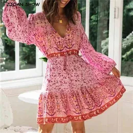 Bohemia V neck Location Floral Print Long Sleeve Short Dress Hippie Woman Adjustable Lacing up Waist Holiday Dresses BOHO 210429
