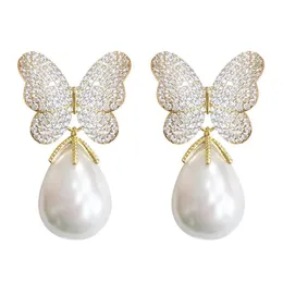 シンシリーセールゴージャスな模擬真珠の立方体ジルコン蝶の花の宝石類アクセサリートレンディなダングイイヤリング210624