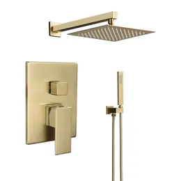 Brushed Gold Bathroom Shower Set Square Style Wall Mount Bath Shower Faucet With Rain Shower Head 8,10,12 inch