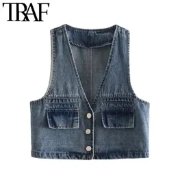 Moda donna con tasche Gilet corto in denim Cappotto vintage con scollo a V senza maniche Gilet femminile Chic Top 210507