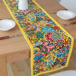 DUNXDECO Table Runner Cotton Tablecloth Chinese National Flora Print Holiday Party Desk Decoration Ground Fabric 210628