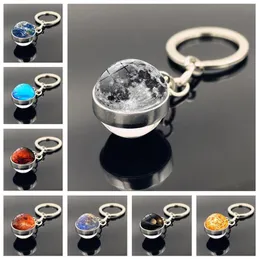 Solsystem Planet Keychain Moon Earth Sun Art Bildkedja Hängsmycke Glas Keychain Dubbel Lysande Smycken Nyckelbil