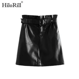 Frauen PU Kunstleder Rock mit Gürtel Hohe Taille Plissee Streetwear S Chic A Line Mini Faldas Mujer 210508