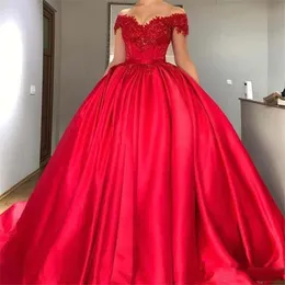 Modest Off Shoulder Red Ball Gown Quinceanera Dresses 2022 Appliques Beaded Satin Corset Lace Up Sweet Sixteen Prom Formal Dress