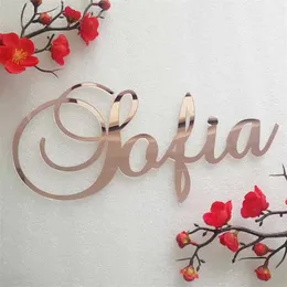 Custom Mirror Rose Gold Baby Name Sign Nursery Wall Decoration Personalized Wood Name Sign Rustic Wedding Party Baptism 211216