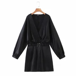 Elegant Woman Black V Neck Belt Chiffon Mini Dress Spring Fashion Ladies Stretchy A-Line es Female Casual 210515