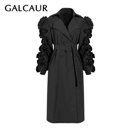 Galcaura Luźna Wiatrówka Dla Kobiet Lapel Puff Długim Rękawem Patchwork Ruffles High Waist Lace Up Designer Odzieżowa Kobieta 210812