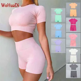 Wohuadi Summer Seamless Yoga Set Damkläder 2piece Sport Crop Top T-shirt + Shorts Leggings Push Up Fitness Workout Gym Suit 210813