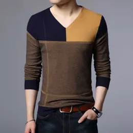 Män Pullover Fashion V Neck Fjäder Höst Slim Fit Sticka Patchwork Striped Male Sweater Casual Jumpers Outwear Full 210909
