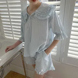 夏の女性のロリータプリンセスパジャマセット..TOPS +ショートパンツ。ヴィンテージレディースガールズダウンカラーPajamas Set.Sleepwear Loungewear 210622