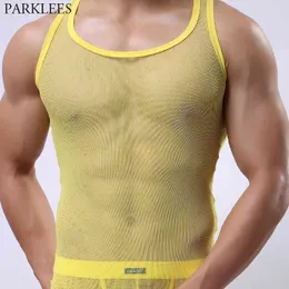 Yellow See Through Mens Mesh Tanks Top Sexy Fishnet Sleeveless Tank Top Male Perspective Muscle Top Male Bodybuilding Tees 210522
