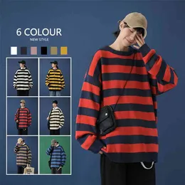 Kontrast Stripe stickad tröja höst vinter 6 färg män och kvinnors pullover svart röd randig överdimensionerad tröja 210809