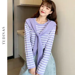 Yedinas Striped Sweater Women Preppy Style Långärmad Scarf Collar Lace Up Jumper Pullover Stickad Vinter 210527