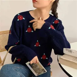 Women Sweater Korean Tops Autumn Winter Knitted Pullovers Retro Long Sleeve Soft Loose Jumper Pull Embroidery Sweter Damski 210514