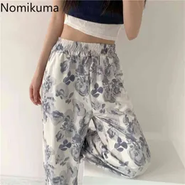 Nomikuma esticar alta cintura larga perna calça mulheres padrão floral casual calças soltas femininas coreanas vintage pantalones 210514
