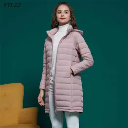 Winter Women 90 White Duck Down Thin Detachable Hat Jacket Medium Long One-piece Woven Light Coat 210430