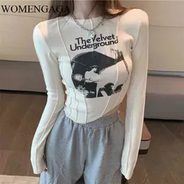 WOMENGAGA Top da donna con fondo piegato a righe Autunno Inverno New Slim T-shirt a maniche lunghe corto stretto irregolare Top Fashion I77S 210324