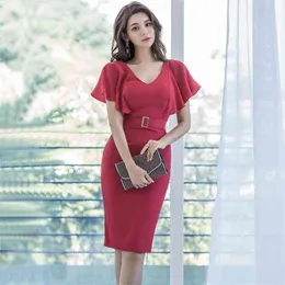 Lato Red Tight Dresss Korean Ladies Sexy Wzburzyć Cabaret Club Bodycon Biuro Dresses dla kobiet 210602