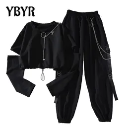 YBYR Women Harajuku Cargo Pants Fashion Casual Two-piece Suit Chain Long Sleeve+Ribbon Pants Men Punk Elastics Waist Trousers 211105