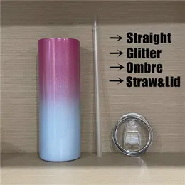 Sublimering Ombre Straight Glitter Tumbler Rostfritt Stål Vattenflaska Isolering Kaffe Kopp Termisk överföring Drinking Cup A02