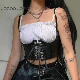 Jocoo Jolee Women Sexy Solid Streetwear Gothic PU Leather Crop Top Lace Up Punk Style Buttons Girdle Corset Tops Party Club 210619