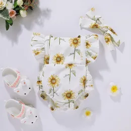 Baby Sunflower Print Bandage Rompers Summer 2021 Kids Boutique Clothing 0-24m Infant Toddlers Girls Triangle Rompers with Headband