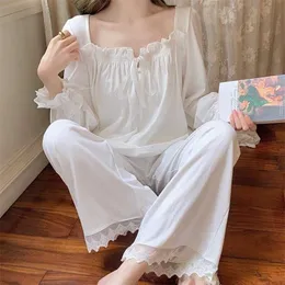 Höst French Pyjamas Set Bomull Vit Nattkläder Kvinnor Långärmad Homewear Gullig Kawaii Lace Nighthowns Princess Sleepwear 211211