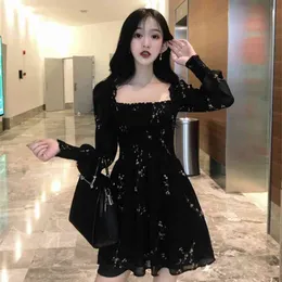 Summer Womens Black Dress Vintage Flower Long Puff Sleeve Chiffon Dresses Korean Casual Mini Vestidos Mujer 210520