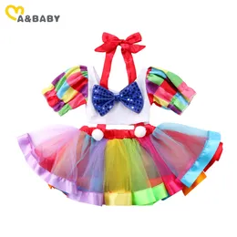 1-6Y Lato Toddler Kid Dziecko Dziewczyny Ubrania Zestaw Uderz Łuk Crop Topy Rainbow Tutu Spódnice Dnia Dzieci Kostiumy Stroje 210515