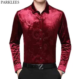 Wine Red Velvet Floral Dress Shirts Mens Slim Fit Long Sleeve Smooth Velour Shirt for Men Casual Button Down Shirt Male Chemise 210522