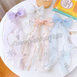 Mode Organza Bowknot Haar Clips Kinder Mädchen Nette Schneeflocke Druck Lange Band Haarnadeln Grips Haar Zubehör