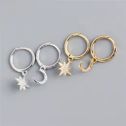 Gold Color Wisiorek Dangle Kolczyki Proste Geometryczne Star Moon Hoop Kolczyk Dla Kobiet Trendy Biżuteria 2021 Party Prezent