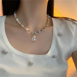 Pendanthalsband Lovoacc Asymmetry Real Pearl Titanium Steel Chunky Chain Patchwork Necklace For Women Ladies Crystal Waterdrop