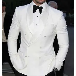 White Double Breasted Groom Tuxedo for Wedding 2 piece Slim fit Formal Men Suits Set Jacket with Black Pants Man Fashion Clothes X0909