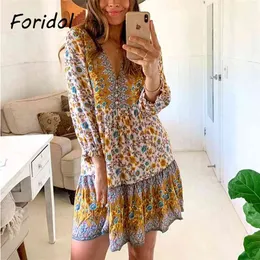 Bohemian Floral Print Gelb Sommerkleid Frauen Casual V-ausschnitt Lose Vintage Kurze Strand Sommerkleid 3/4 Ärmel 210427