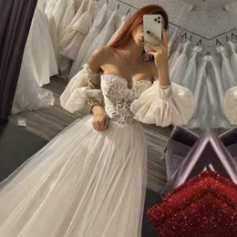 Boho Suknia ślubna 2021 Aplikacje ukochane koronkowe a-line puszysty rękawy księżniczka elegancka sukienki na pannę młodą 307W